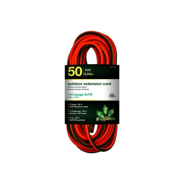 Gogreen SJTW Extension Cord, 14 AWG, Outdoor, 14/3, 1 Outlets, Green/Orange, 50 ft GG-13850 - main